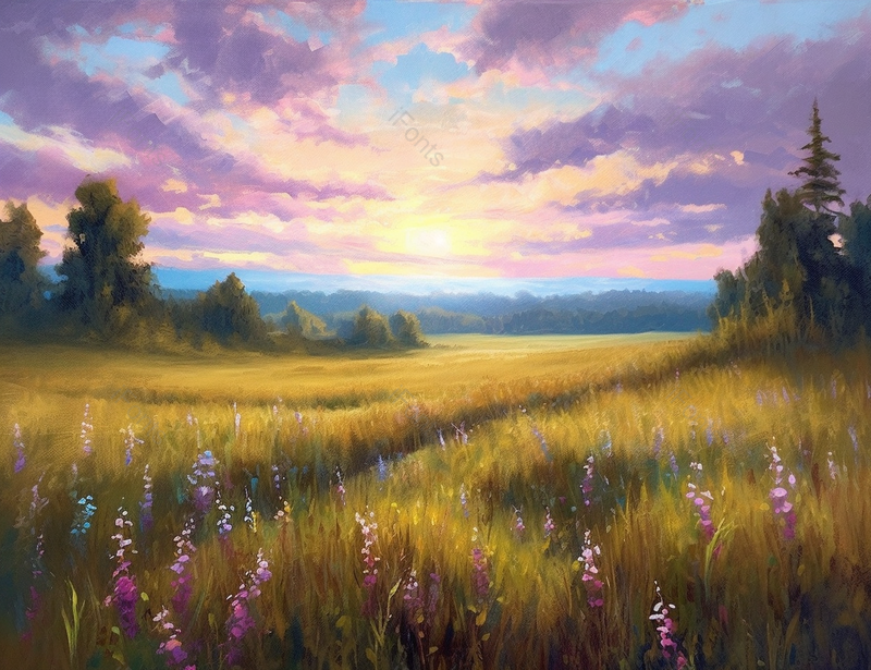 夏日傍晚夕阳日落平原草地森林黄色印象主义油画,插画/手绘图,插画/手绘图库,插画/手绘图下载,插画/手绘